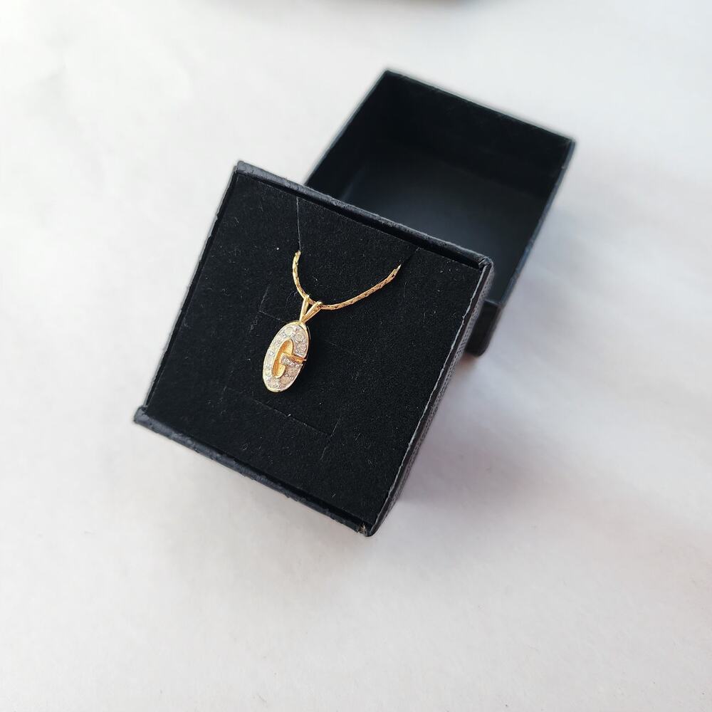 Authentic VTG Givenchy Signed Logo G Pendant Necklace Gold Crystal‎ Rhinestone